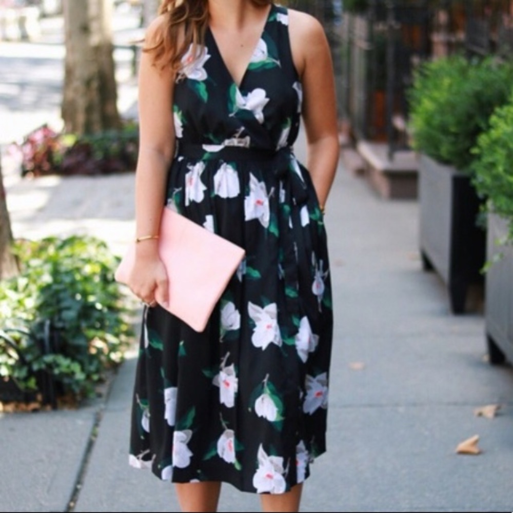 Banana Republic Black Floral Midi Wrap Dress with White & Green Flowers Size 4
